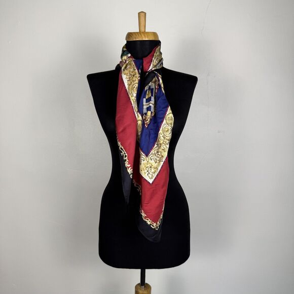 Vintage Silk Baroque Holiday Scarf | Navy, Gold, Red | Jujus Vintage Find - Picture 5 of 10